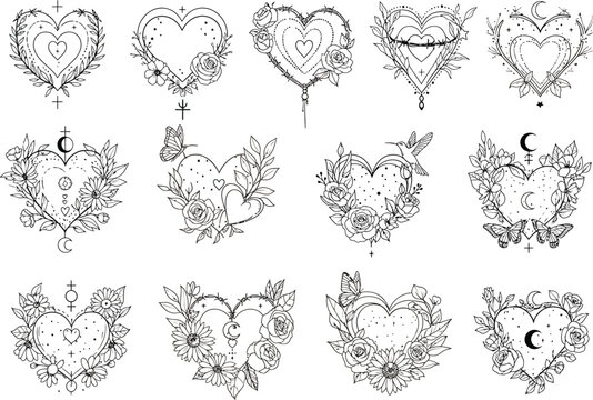Mystical Boho Heart Collection: Intricate Floral & Celestial Line Art Illustrations