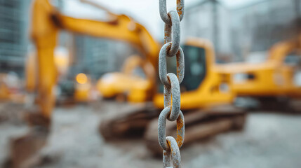 Rusty metal chain hanging in front of blurred yellow construction machinery at building site, showing industrial strength and rugged texture in urban environment
