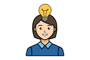 Cartoon illustration of a person with a bright yellow light bulb illuminating above their head symbolizing a new idea