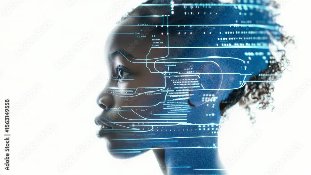 Poster A woman's face with a futuristic interface in the background, ideal for tech-related concepts and futuristic themes