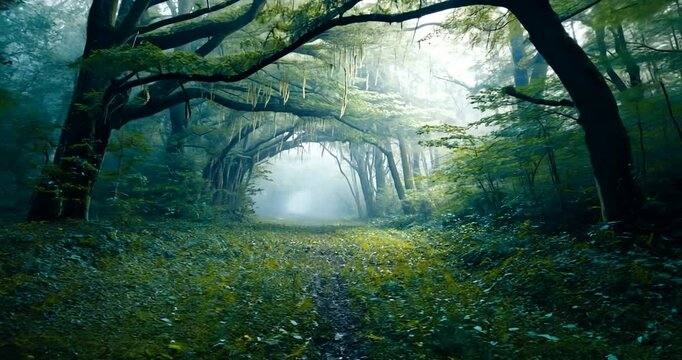 Serene forest pathway with lush greenery, soft light filtering through trees, tranquil atmosphere