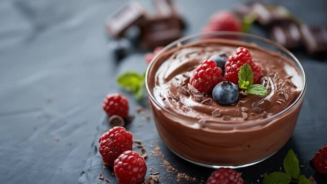 Chocolate mousse in a glass bowl garnished with raspberries blueberries and mint