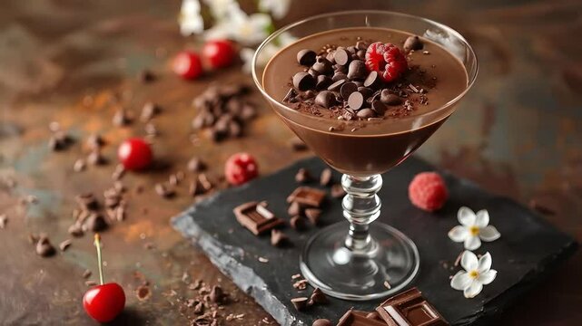 Chocolate mousse in a martini glass topped with chocolate chips and raspberries