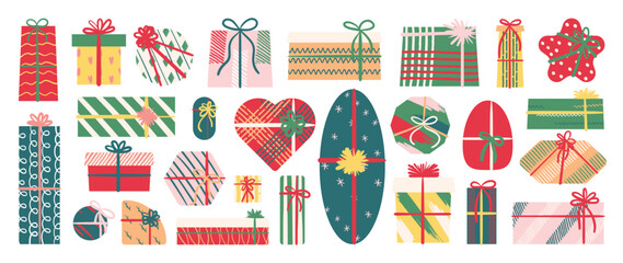 Christmas gift box vector. Collection of hand drawn gift box in different shapes and color, ribbon, bow, packaging. Happy Holiday Design for sticker, poster, invitation, greeting.