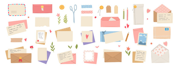 Mail envelopes. Post cards, envelopes, post stamps, craft paper letters and mail envelopes. Postage cards, cute envelopes vector illustration set. Love messages with stickers and plants