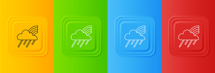 White Rainbow with cloud and rain icon isolated on colorful background. Set icons in square buttons. Vector