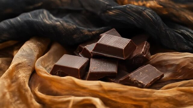 Dark chocolate squares nestled in draped fabric