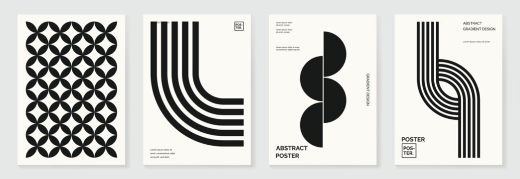 Abstract monochrome poster background vector set. Modern cover template with black and white perspective geometric prism shape, line. Ideal design for social media, banner, ads.