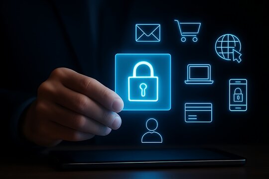 Hand interacting with glowing digital security icons for online safety and data protection