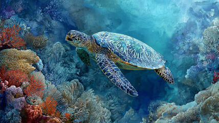 Turtle swimming through vibrant coral reef, showcasing marine life
