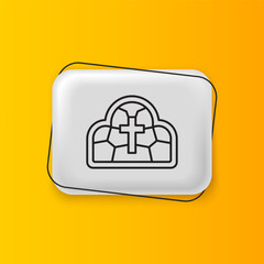 Black Stained glass ancient cathedral, temple, church icon isolated on yellow background. Silver rectangle button. Vector