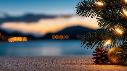 Cute christmas tree at the beach with copy space. Adorable miniature fir tree adorns sandy shore offering ample room for festive message.