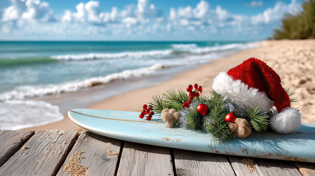 Christmas hat and festive decoration with pine branches and red berries on surfboard at beach in July under bright blue sky with clouds and ocean waves creating joyful summer holiday vibe