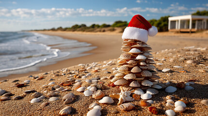 Christmas shell tree in July on sandy beach with ocean waves and blue sky creating festive summer holiday mood by sea