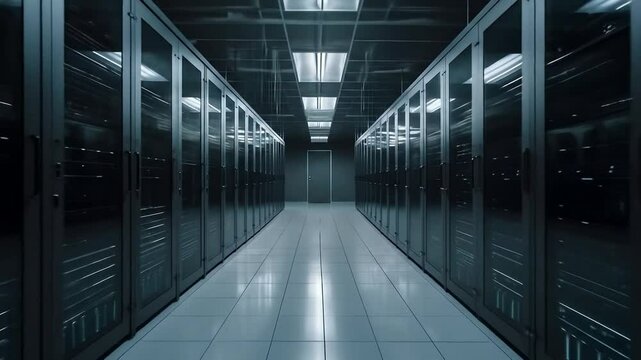 Server room with rows of tall glassfronted cabinets and a distant door