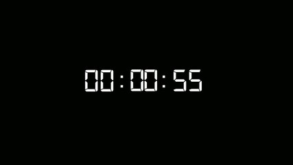 One minute countdown animation from 60 seconds to 0 second with alpha channel, 1 minute timer on stopwatch countdown animation on black background. - Powered by Adobe