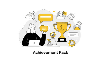 Young woman in casual wear reviewing achievement data on a laptop in a modern setting. Female professional examining accolades and recognition in a digital office space.