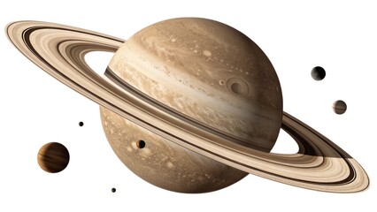 Fototapeta premium Saturn, a ringed planet, orbits in deep space alongside its moons, presented on a white background for space exploration.