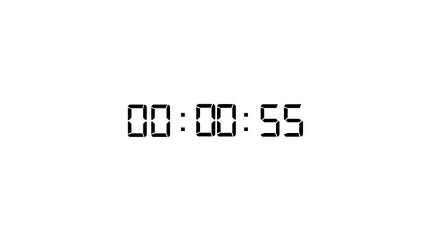 One minute countdown animation from 60 seconds to 0 second with alpha channel, 1 minute timer on stopwatch countdown animation on white background.