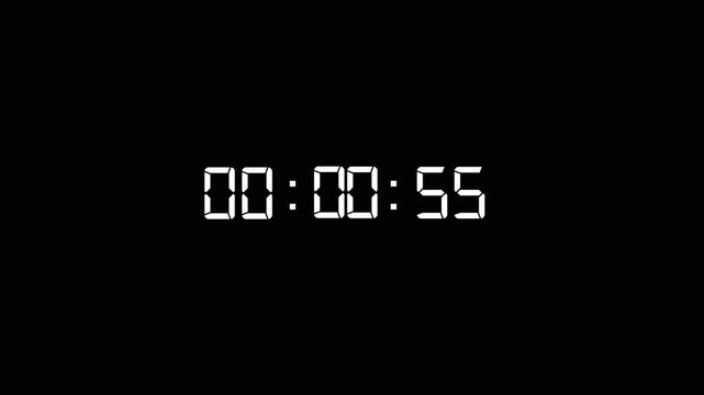 One minute countdown animation from 60 seconds to 0 second with alpha channel, 1 minute timer on stopwatch countdown animation on black background.