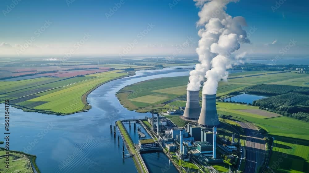 Poster Factory with smoke coming out of its stacks in an industrial setting