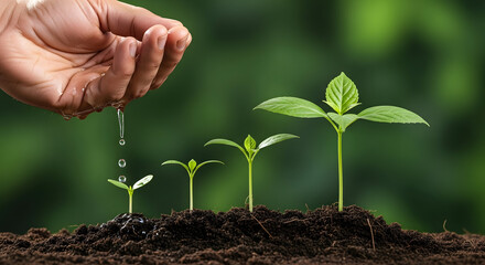 Hand watering young green plants growing from soil, symbolizing growth and care, with water drops nurturing seedlings in a lush garden setting.