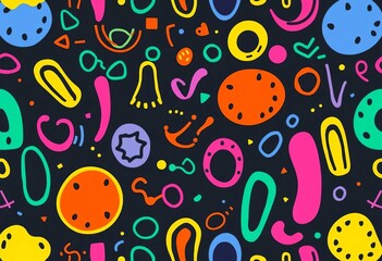 Joyful, colorful line doodle pattern; abstract shapes, playful scribbles, seamless repeat for kids',  abstract,  graphic