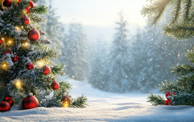 Gold star and ball ornaments sparkle on a green pine Christmas tree, celebrating the winter holiday season