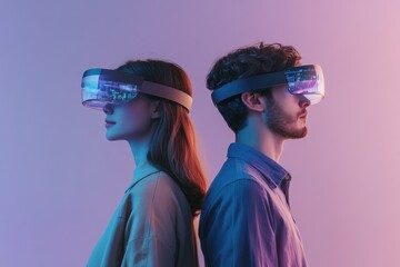 A young couple experiences immersive virtual reality, futuristic technology displayed on their glasses.