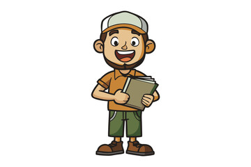Friendly cartoon man wearing a cap and holding books ready for learning or adventure