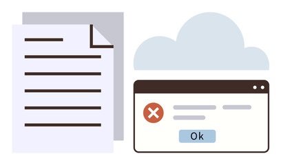 Document alongside error message in browser window under light cloud. Ideal for technology, data processing, file management, error handling, cloud storage, productivity, workflow simple flat