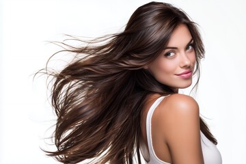 Radiant Beauty: Captivating Portrait of a Young Woman with Flowing Brown Hair, Showcasing Natural Elegance, Healthy Glow, and Timeless Appeal for Beauty, Fashion, and Lifestyle Themes