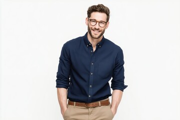 Confident Young Professional: A Portrait of Success, Stylishly Dressed in Casual Business Attire, Smiling Optimistically Against a Clean White Background for Modern Workplaces and Corporate Culture
