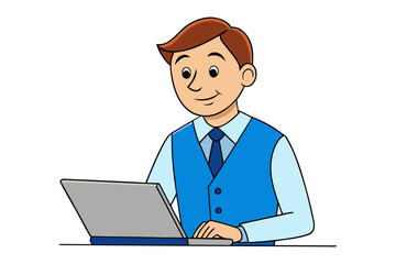 Smiling cartoon man in blue vest and tie working on a laptop computer at a desk