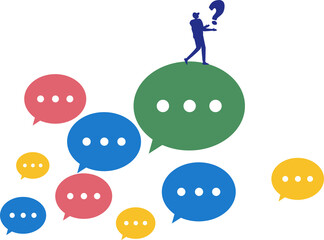 businessman looking out of speech bubble Asking business questions to find answers or solutions