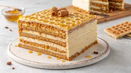 shows a slice of layered cake with a caramel-colored topping on a white plate. The cake has multiple layers of creamy filling and is garnished with a drizzle of caramel sauce.