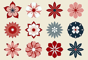 Set of twelve geometric flower icons in a flat, paper cutout style, featuring retro red and blue patterns perfect for creating unique digital or craft designs.
