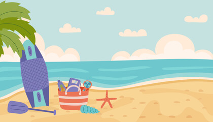 Summer beach concept background. Vector flat travel banner of seaside, surfboard and summer objects. Summer, travel, vacation, recreation concept.
