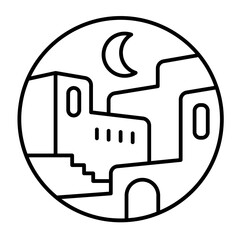 Arab night city bubble thin line icon, arabian desert concept. Vector graphics. Arabian houses with moon in night sky sign on white background, style mobile or design.