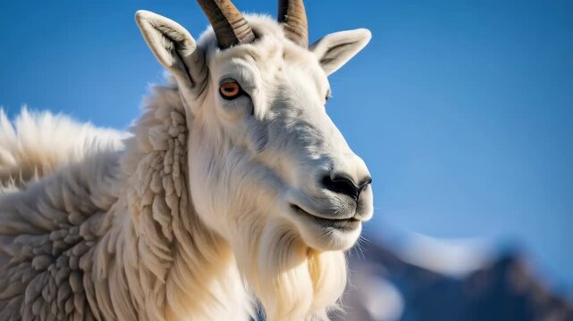 Majestic horned mountain goat against clear blue sky in a wilderness setting. Close-up portrait of wild animal in nature environment.