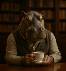 Hippo Philosopher with Teacup in Classic Study