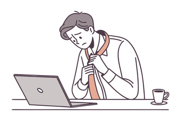 Frustrated businessman struggling to tie his tie while looking down at his laptop with a cup of coffee nearby