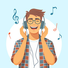 A young guy listens to music with headphones with a smile.  Vector illustration