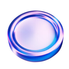 Iridescent glass coin. Sleek glass coin icon glows with chromatic dispersion. 3D vector illustration