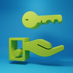 Green Hotel door lock key icon isolated on blue background. Minimalism concept. 3D render illustration