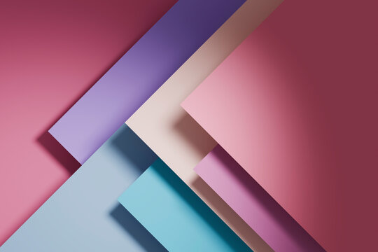 Abstract 3D rendering of colorful geometric layers with shadows and paper texture