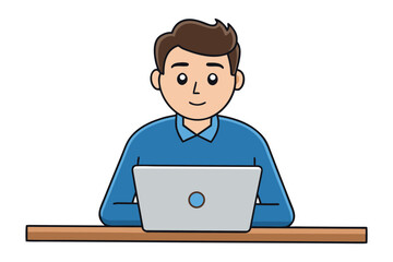 Friendly cartoon man wearing a blue shirt sitting at a wooden desk working on a silver laptop computer