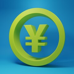 Green Chinese Yuan currency symbol icon isolated on blue background. Coin money. Banking currency sign. Cash symbol. Minimalism concept. 3D render illustration