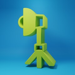 Green Studio light bulb in softbox icon isolated on blue background. Shadow reflection design. Minimalism concept. 3D render illustration