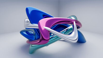 Fluid liquid chrome and blue green pink shapes abstract background. 3d illustration contemporary art